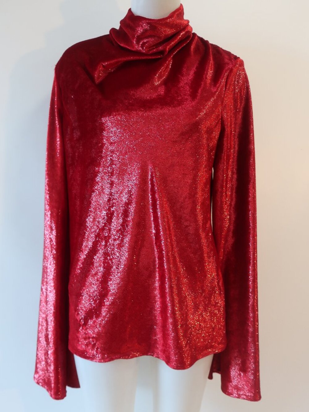 Womens Ellery Red (Item-60) Metallic Sheen Velour Turtleneck Tunic Blouse Top 10